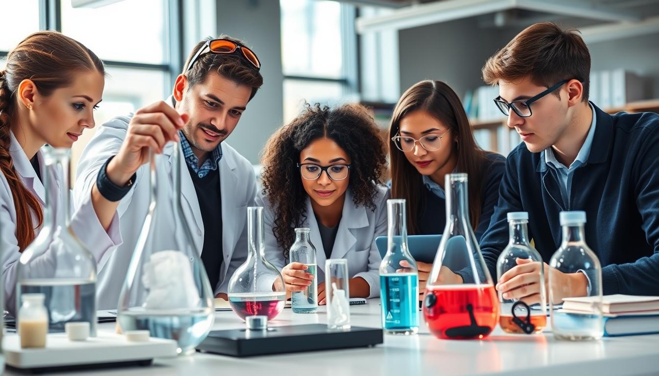 Students studying together in modern classroom